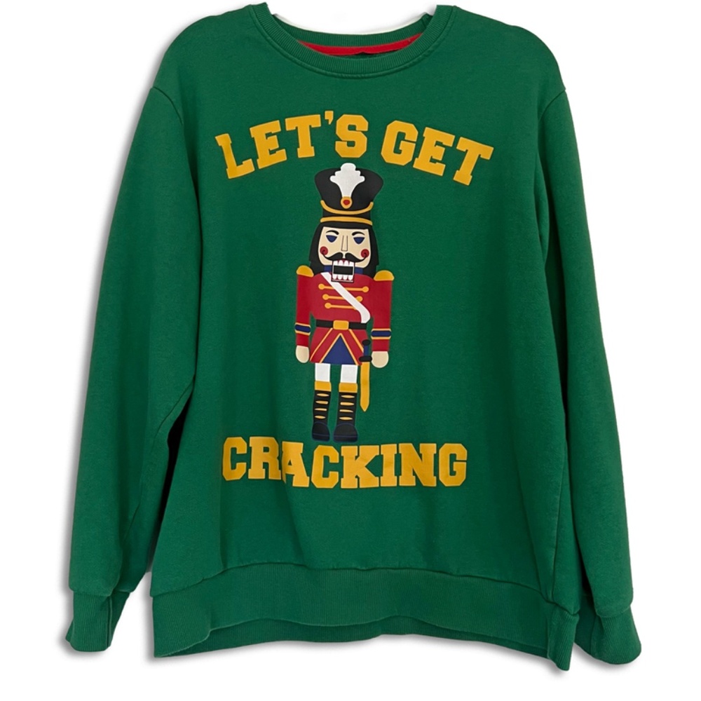Let's Get Cracking Unisex Green Christmas Sweatshirt Nutcracker XXL, XL Funny